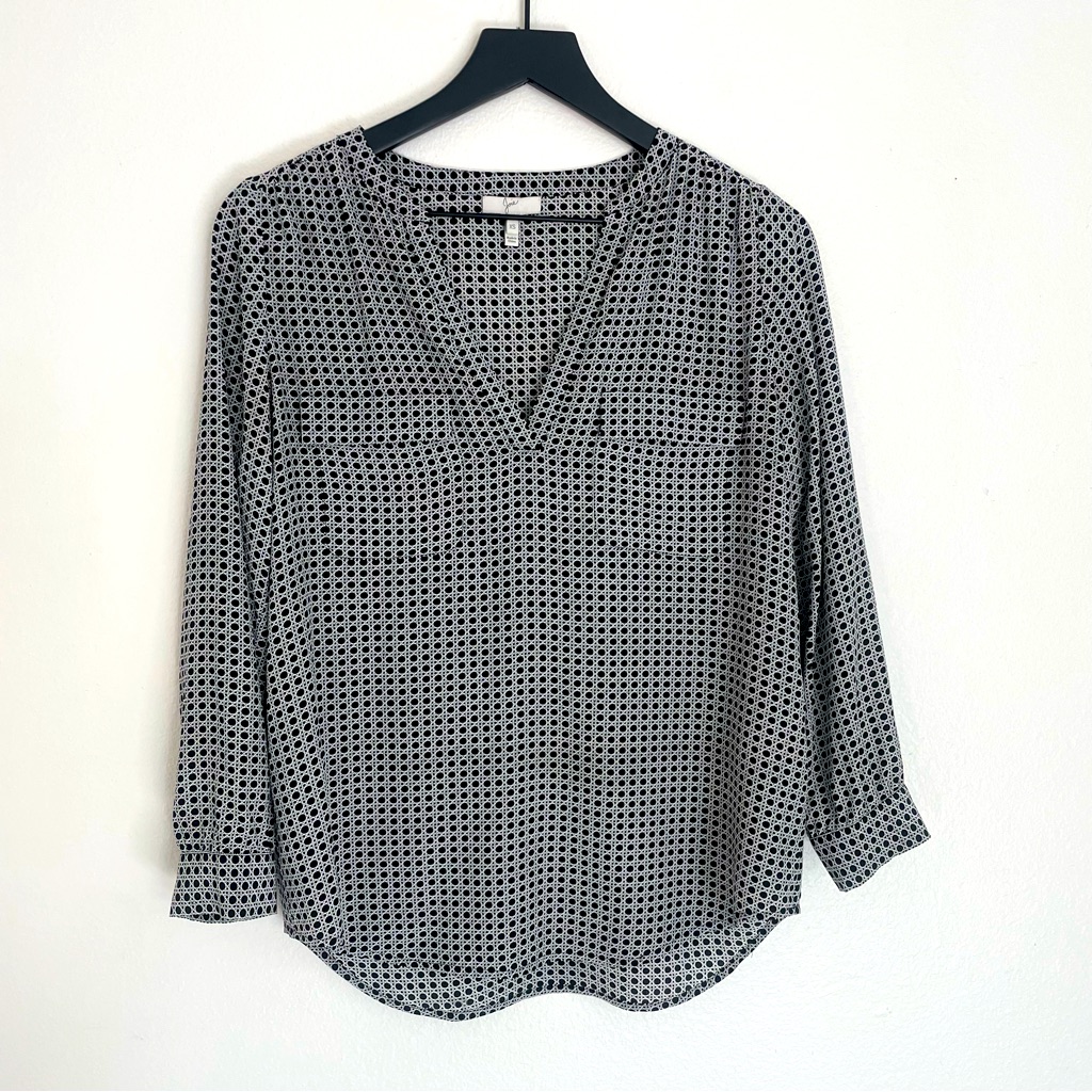 Joie Addie B 100% Silk Geo Caviar Print V-Neck 3/4 Sleeve Peasant Top Size Xs